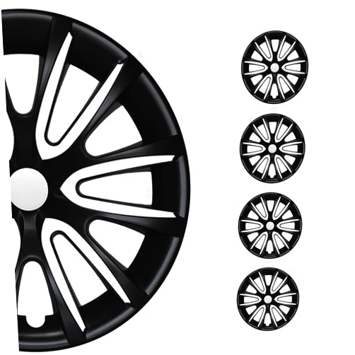 OMAC - Black Matt White Matte Hub Caps 15 Inch Set of 4 for Ford Fiesta, Tapas para Rines 15, Premium Wheel Covers 15 Inch, R15 Rim Cover Set, Snap On Durable Car Replacement Exterior Accessories
