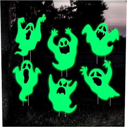 Ivenf Ghost Halloween Decorations Outdoor: 6ct Hanging Scary Ghost Yard Decor, Spooky Glow in Dark Yard Signs with Stakes, Corrugated Plastic, Outside Halloween Decor for Home Patio Yard Lawn Tree