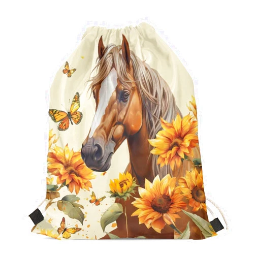 Belidome Horse Sunflower Kids Backpack Drawstring Bag Lightweight Foldable Pouch for Kids Boys Girls