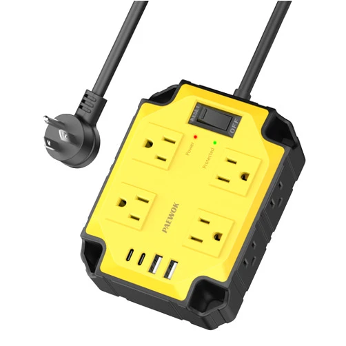 PAEWOK 8-Outlets Heavy Duty Power Strip with 4 USB Ports(2 USB-C), Industrial Magnetic Surge Protector Power Strip 15 Amps/1200 Joules, 6.5 Ft Multi-Plug Electric Extension Cord for Workshop Garage (Yellow)