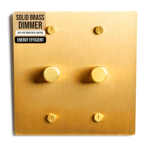 SELECT LIGHTING 2-Gang Satin Solid Brass Rotary Dimmer Switch, 15A 120V AC Wall Mount, TRIAC/Leading Edge 1-Way Compatible, Dimmable LED Light Control with Knob, Faceplate & Dimming Module