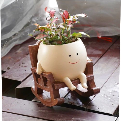 UMESONG Smily Face Planter Pot Cute Resin Flower Head Planters for Indoor Outdoor Unique Sit Rocking Chair Succulent Pots Gift IdeaI for Mother and Appreciation Christmas with Drainage Hole