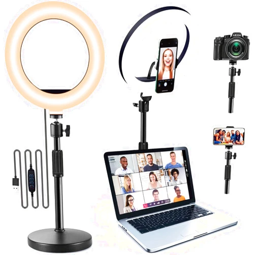 RIEOMN Ring Light with Stand Phone Holder - 10'' Desktop LED Circle for Laptop, Computer, Lighting Kit Gifts Live Streaming Video webcam Conference Makeup YouTube Tikto Vlog