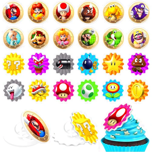 YOPENMOUNE Mario Cake Toppers Cupcake Ring Decor for Kids Mario Birthday Baking Decorations Mario Party Supplies - 24 Count