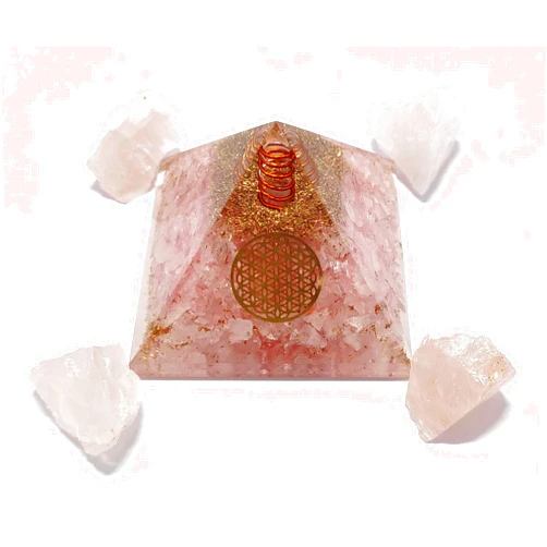Sawcart Combo of Rose Quartz Orgone Crystal Pyramid with Flower of Life Symbol & 4 Pieces of Natural Raw Rough Stone for Positive Energy Generator, Aura Cleansing, Reiki Chakra Healing, Meditation
