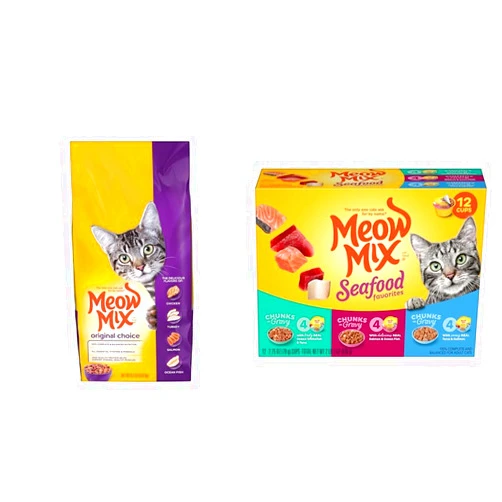 Meow Mix Bundle: Original Choice Dry Cat Food 6.3 Pound + Chunks in Gravy Seafood Favorites Wet Cat Food Variety Pack 2.75 Ounce (Pack of 12)