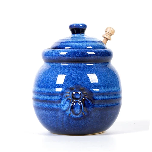 Cutiset Ceramic Honey Pot with Lid and Dipper, 20oz rustic Honey Jar (Blue)
