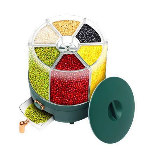 LUGBING Rice and Grain Storage Container, One-Click Rice Output Food Containers, 360° Rotatable Grain Separate Storage Box with 6 Compartments Holder for Rice and Beans