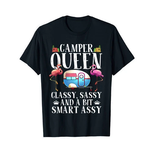 Cute Happy Glamper Pink Flamingo Glamping Designs Funny Camper Queen Sassy Gift For Women RV Camping Lovers T-Shirt