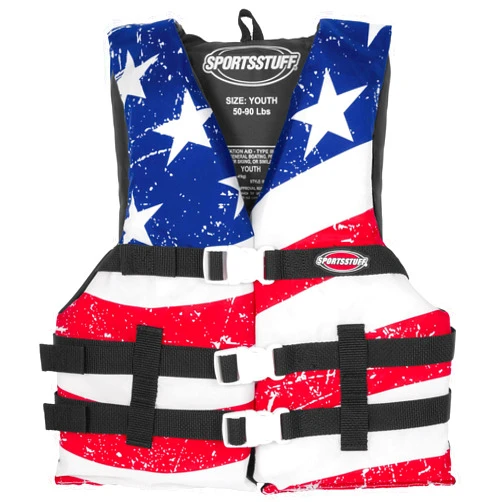 SportsStuff Sportstuff Type III Life Jacket US Coast Guard Approved Open Sides with 3 Body Belts & Buckles Quick Dry Fabric, Secure Fit, Comfortable Stars & Stripes