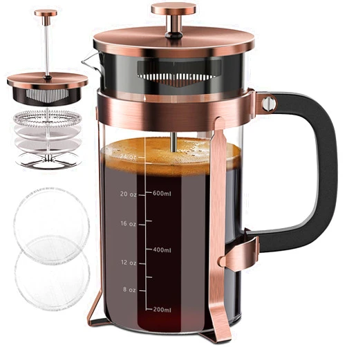 QUQIYSO French Press Coffee Maker 34oz 304 Stainless Steel with 4 Filter, Heat Resistant Durable, Easy to Clean, Borosilicate Glass Press, 100% BPA Free Teapot (Copper)