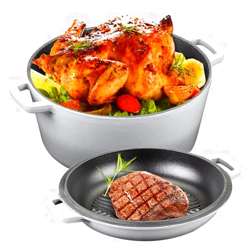 NSIRONS 5.5 Quart Enameled Cast Iron Dutch Oven, 2-In-1 Enamel Dutch Oven Pot with Skillet Lid for Grill, Stovetop, Induction (Gradient Grey)