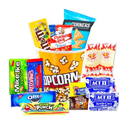 Beyond The Box Movie Night Gift Basket Snacks Candy & Popcorn, Full size Treats for Kids, College Students & Family, Care Package Birthday Gift or popcorn lover, family night