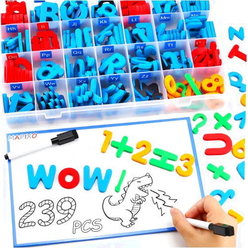 MAPIXO 235 Pcs Magnetic Letter Number with Magnet Board, 2 Erasable Magnetic Pen and Storage Box, Foam ABC Alphabet Gift for Refrigerator Fridge, Classroom Toy for Toddler Kid Child Spelling & Learning Game