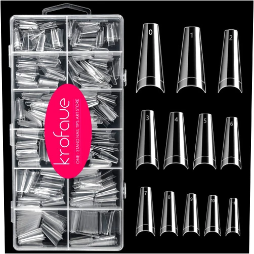 Krofaue 500PCS Half Cover Coffin Nail Tips - Acrylic Nail Tips, krofaue 10 Size Clear Ballerina Nail Tips, Half Cover Acrylic False Nail Tips With Box for Nail Tips Art Salons and Home DIY (Clear)