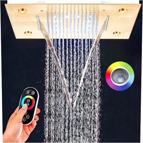 YAGATAP LED Ceiling Rain Shower Head 14X20 Inch Bathroom Rectangle Embedded Type With Smart LED Lights Control Brushed Gold