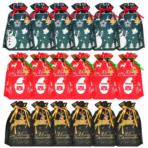 M-sorflly Christmas Gift Bags, 18pcs Medium Size Cloth Christmas Gift Bags in Red, Green, Black with 24 Tags, Reusable Drawstring Christmas Bags for Holiday Gift Wrapping - 10.2 x 14.17 inches