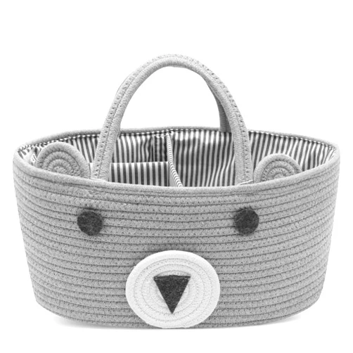 Conthfut Baby Diaper Caddy Organizer 100% Cotton Canvas Stylish Rope Nursery Storage Bin Portable Tote Bag & Car Organizer For Changing Table- Top Baby Shower Basket Gray