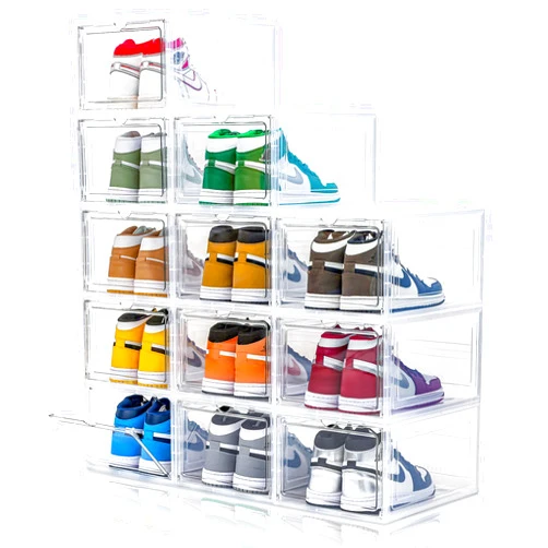 CKHXR Upgraded X-Large Clear Shoe Storage Organizer,Stackable Shoe Rack for Closet,Plastic Shoe Boxes with Magnetic Door,Shoe Containers For Sneaker Display,Fit up to US Size13 (Clear, 12 Pack)