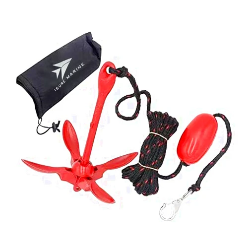 ISURE MARINE Kayak Anchor Kits Portable Folding Grapnel Anchor Buoy Kit Canoe Kayak Raft Boat Sailboat Fishing 3.5 lbs Marine Rope for Small Boats, Kayaks Jet Ski (Red or Green)