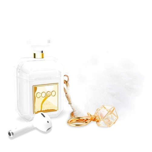 Threehundred for AirPods Case Perfume Bottle Design with Keychain & Fur Ball Cute Clear Soft Shockproof Protective AirPod 2nd 1st Generation Case for Girls and Women - Gold