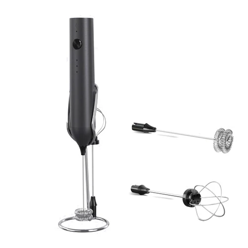ALPSPEAKS Handheld Milk Frother Wand Rechargeable with Stand - Double Whisk Milk Frother Handheld -3 Speed Levels- Coffee Stirrers Electric Drink Mixer - Coffee Frother Handheld (Upgraded - Black with Stand)