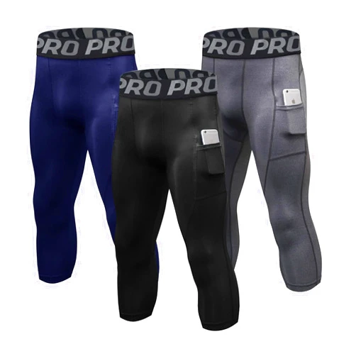 LNFINTDO 3/4 Compression Pants for Men with Pockets Capri Sports Legging Basketball Running Tights Cool Dry Workout Baselayer