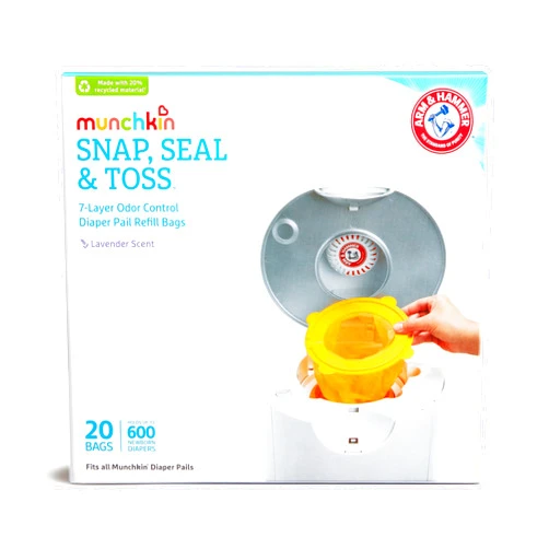 Munchkin® Arm & Hammer Diaper Pail Snap, Seal & Toss™ Refill Bags, Holds up to 600 Newborn Diapers, 20 Pack