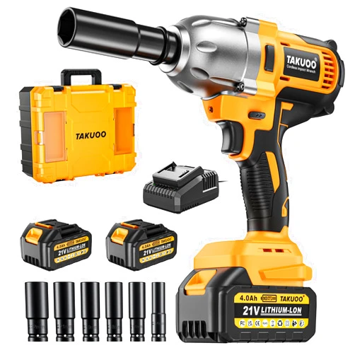 Takuoo Cordless 1/2 inch Brushless Impact Wrench, Max Torque (850N.m) 640Ft-lbs Electric Impact Gun w/2x 4000mAh Battery, Charger & 6 Sockets, Power Impact Driver for Car Home