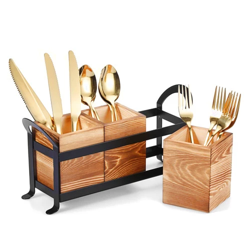 BSTKEY Wooden Utensil Caddy, Farmhouse Kitchen Silverware Holder with 3 Compartment, Flatware Organizer with Black Portable Metal Tray, Utensil Cutlery Organizer for Forks Spoons Knives, Wood