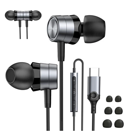 VOHECHS Metallic USB C Headphones, Magnetic Wired Earbuds with Microphone, Volume Control, S/M/L Ear Bud Tips, Noise Isolating in-Ear USB Type C Earphones for Samsung Galaxy iPhone iPad Pixel, Grey-Black