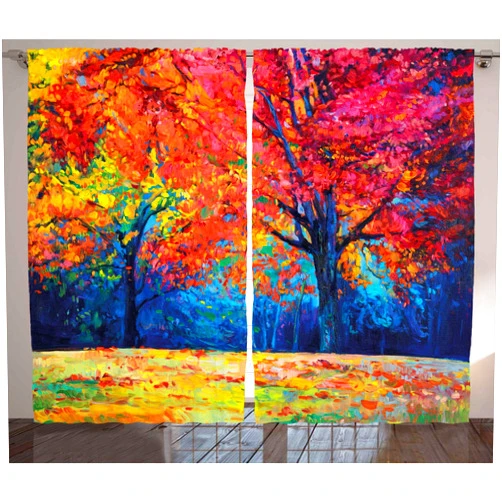 Ambesonne Nature Curtains, Colorful Trees and Falling Autumn Leaves Seasonal Art Picture, Living Room Bedroom Window Drapes 2 Panel Set, 108