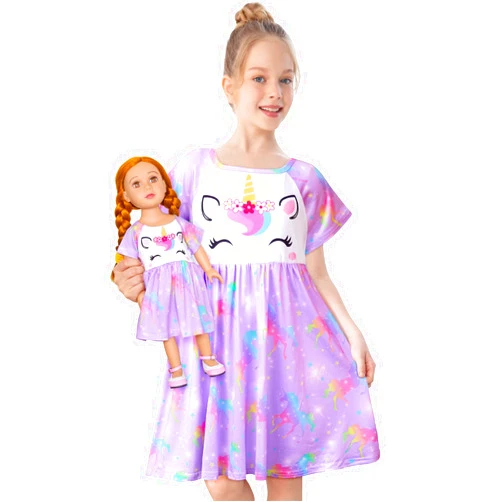 Play Tailor Doll and Girl Matching Nightgown Unicorn Outfit Pajamas Night Dress for Girls and 18