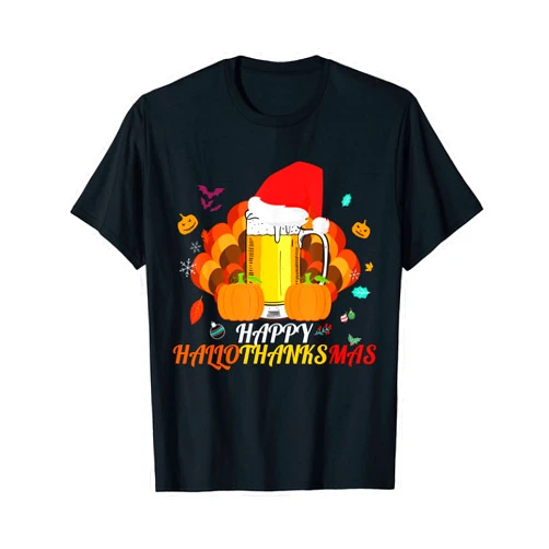Happy Hallothanksmas Beer Glass Lover Santa Hat Hallothanksmas Beer Glass Halloween Thanksgiving Xmas Santa T-Shirt