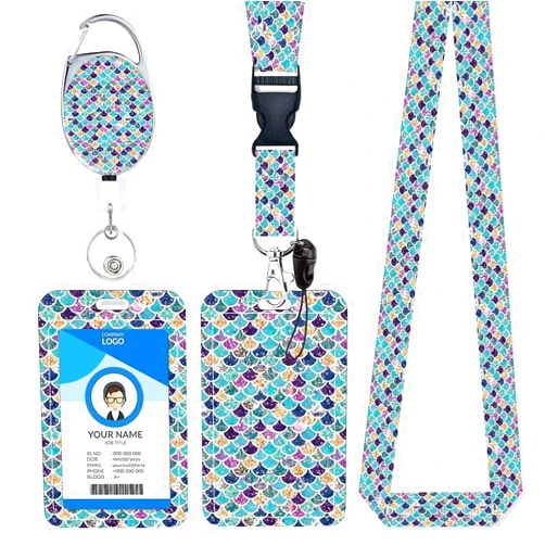 COUKASO ID Badge Holder with Lanyard and Double Sided Color Print Retractable Badge Reel, Detachable Lanyard Name Card Tag Vertical ID Protector for Nurse Teacher Student Office Employees (Mermaid Scales)