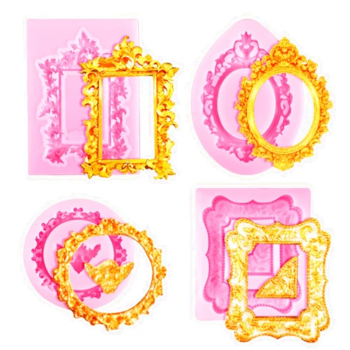 JJUNW 4 Pcs Photo Frame Silicone Molds, Baroque Style Air Dry Clay Molds, Mini Frame Molds Silicone for Cupcake Topper Cake Decoration Chocolate Candy Polymer Clay