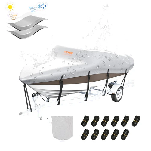 VEVOR Boat Cover 16-18.5ft Trailerable Waterproof Boat Cover, 600D Marine Grade PU Oxford Bass Boat Cover, with Motor Cover and Buckle Straps, for V-Hull, Tri-Hull, Fish Ski Boat, Runabout, Grey