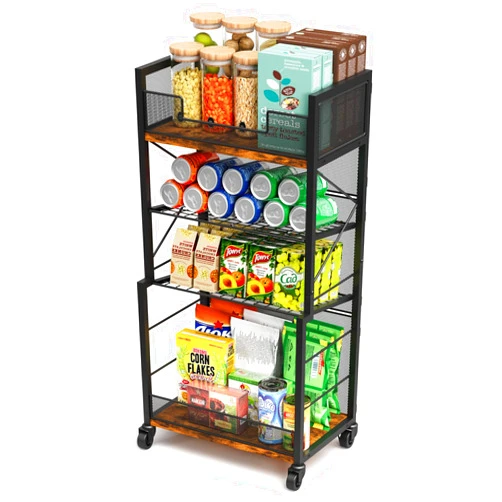 Hongtamoya 4-Tier Rolling Storage Cart Organizer with 2 Mesh Sliding Trays, Can,Drink,Snack Organizer Shelves, Retro Utility Cart on Lockable Wheels for Kitchen,Bathroom,Study,Pantry