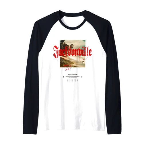 Vintage Surfing Beach Apparel & Gifts Jacksonville Florida FL Vintage Tattoo Beach Surf Raglan Baseball Tee