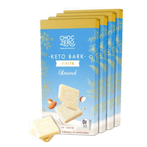 ChocZero Keto Bark, White Chocolate Almond, No Added Sugar, High Fiber, Low Carb, No Sugar Alcohols, No Artificial Sweeteners, 3.2 Ounce (Pack of 4)