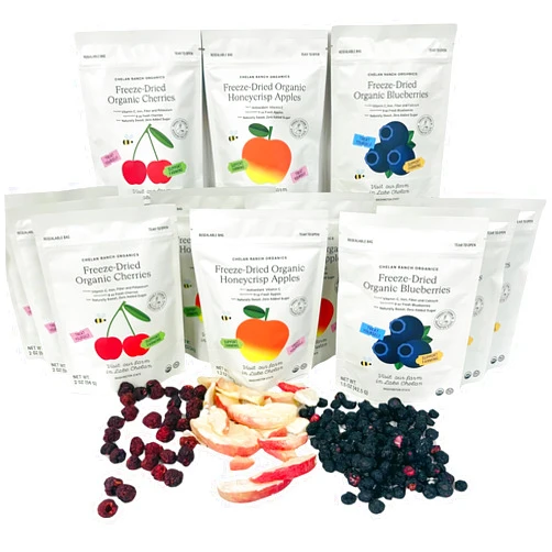 Chelan Beauty Chelan Ranch Organics Freeze-Dried Organic Fruit Variety Pack, Cherries, Honeycrisp Apples, Blueberries, Zero Added Sugar, Non-GMO & Vegan, Net Wt 18.8 Ounce (12-Pack)