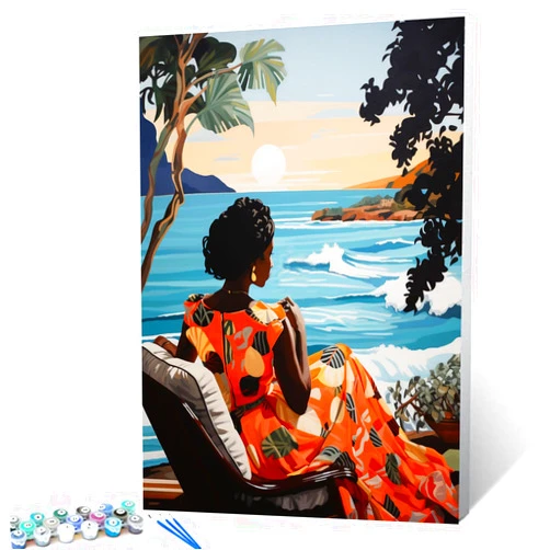 TUMOVO African Black Girl Paint by Number Afro Boho Women Painting Style DIY On Canvas with Brushes Acrylic Paints Summer Seascape Paintwork for Adults , Kids Beginner 16x20 Inch Gift (Frameless)