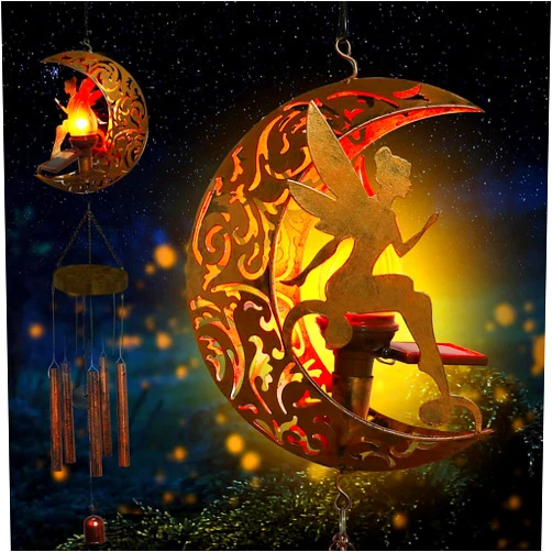 YJFWAL Solar Moon Fairy Wind Chimes, Solar Flame Ball with Angel Decor Wind Chimes for Outside Garden, Gifts for Mom, Women, Grandma, Memorial Chimes Birthday Gardening Gifts