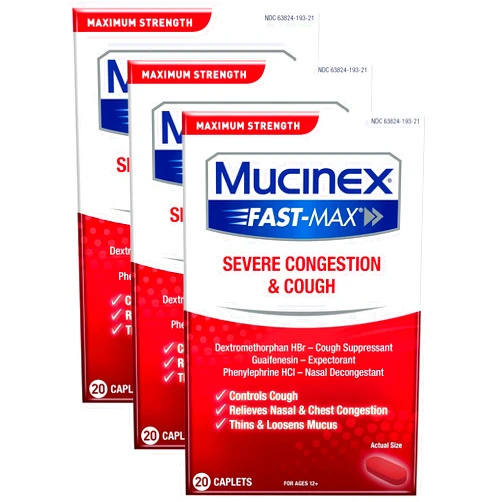 Mucinex Fast-Max Adult Severe Congestion & Cough Caplets, 20ct (Pack of 3)