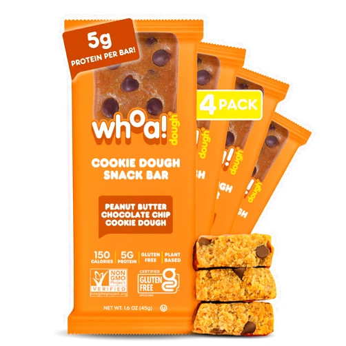 WHOA! DOUGH Whoa Dough Edible Cookie Dough Bars- Certified Non-GMO, Kosher and Gluten Free Bars - Healthy Snack Foods - Plant Based Snacks - Peanut Butter Chocolate Chip Cookie Dough - 4 Pack