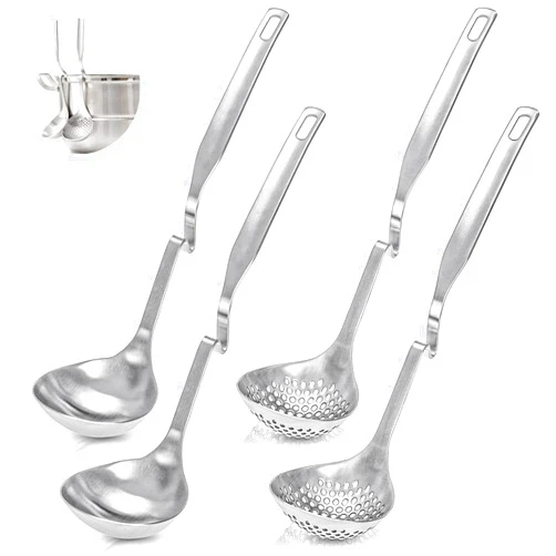 Peohud 4 Pack Soup Ladle Soup Colander, SUS304 Stainless Steel Slotted Hot Pot Ladle Strainer Scoops, Thickening Cooking Skimmer Cookware Utensil for Hotpot Scooping Sauce Serving, 12 Inch
