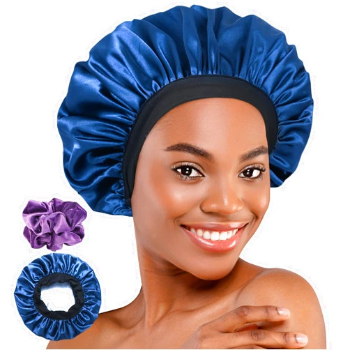 Hafree Bonnet, Silk Satin Bonnet for Sleeping Adjustable Sleep Cap with 2 Pieces of Scrunchies for Women Men Bonnets for Curly Braid Hair (Blue)