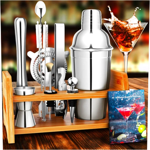 AMEBIBO 12-Piece Cocktail Mixology Shaker Set - Bartender Kit with Bamboo Naturall Stand - Bar Accessories Kit Including a Martini Shaker, Jigger, Recipe Book, Gift Set