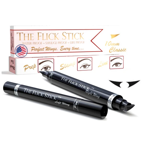 The Flick Stick Winged Eyeliner Stamp, 2 x Black Liquid Eyeliner Pens, Easy Cat Eye Stencil Makeup Tool, SmudgeProof & Waterpoof Eye Liner, Vamp Wing, Wingliner (10mm Classic, Midnight Black)