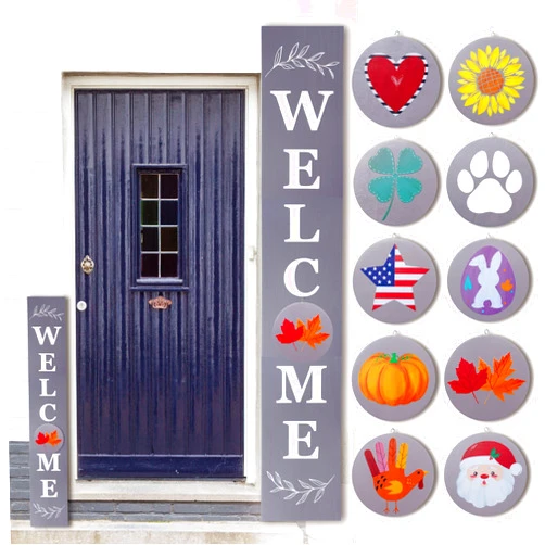 Perfnique Interchangeable Welcome sign for front porch standing, 47 x 7.9 Inch Black Wooden Leaner Sign with 10 Interchangeable Designed Icons, Morden Farmhouse Rustic Seasonal Decor for Spring Easter